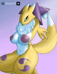 absurd_res anthro bandai_namco big_breasts blonde_hair blue_eyes breasts canid canine digimon digimon_(species) elelite female hair hands_behind_head hi_res humanoid mammal muscular nipples renamon solo tail thick_thighs yellow_body