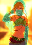  1boy arabian_clothes blonde_hair blue_eyes circlet collarbone commentary crossdressing gerudo_set_(zelda) groin hand_up harem_pants highres jewelry link looking_at_viewer male_focus meipu_hm midriff mouth_veil navel official_alternate_costume pants standing the_legend_of_zelda the_legend_of_zelda:_breath_of_the_wild veil 