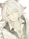  1boy animal_ears arknights blush closed_eyes collared_shirt from_above goat_ears goat_horns horns kreide_(arknights) kuzuvine long_hair looking_at_viewer loose_clothes loose_shirt male_focus open_mouth parted_bangs portrait shirt smile solo vest wavy_hair white_hair white_shirt 