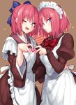  2girls absurdres apron arm_around_waist blue_eyes blue_ribbon blush brown_background hair_ribbon heart heart_hands heart_hands_duo highres hisui_(tsukihime) juliet_sleeves kohaku_(tsukihime) long_sleeves looking_at_viewer maid maid_apron maid_headdress multiple_girls one_eye_closed puffy_sleeves ribbon short_hair siblings sisters suurin_(ksyaro) tsukihime twins wide_sleeves yellow_eyes 