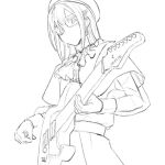  1girl ascot bang_dream! bang_dream!_it&#039;s_mygo!!!!! beret cowboy_shot greyscale guitar hat holding holding_guitar holding_instrument holding_plectrum instrument long_sleeves looking_at_viewer mask monochrome mouth_mask nininikal plectrum see-through see-through_sleeves simple_background solo wakaba_mutsumi white_background 