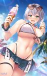  1girl :d bikini blue_sky breasts cameltoe covered_nipples cowboy_shot day eyewear_on_head food front-tie_bikini front-tie_top green_eyes highres holding holding_food hololive hozumi_kaoru huge_breasts ice_cream ice_cream_cone light_rays looking_at_viewer navel open_mouth outdoors palm_tree shirogane_noel skirt sky smile solo standing sunglasses sunlight swimsuit tree virtual_youtuber water white_hair wrist_cuffs 