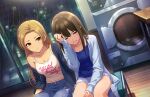  2girls artist_request bangs breasts brown_eyes brown_hair cleavage collarbone crying denim earrings eyelashes green_eyes hand_in_hair idolmaster idolmaster_cinderella_girls idolmaster_cinderella_girls_starlight_stage indoors jeans jewelry light_brown_hair long_hair matsunaga_ryou multiple_girls necklace night official_art pants rain sad shibuya_rin shorts sitting sweater tank_top tears washing_machine water_drop white_tank_top window 