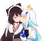  2girls :3 animal_ears animal_on_head bear_ears bird bird_on_head black_coat black_kimono blue_hair blush brown_hair closed_eyes coat commentary_request hair_ornament heart inui_toko jacket japanese_clothes kimono kiss kissing_cheek lize_helesta long_hair maid_headdress multiple_girls nijisanji on_head simple_background tsubudashi upper_body virtual_youtuber white_background white_hair white_jacket yellow_bird yellow_eyes yuri 