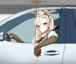  1girl a-91_(girls&#039;_frontline) absurdres alcohol blonde_hair blush brown_eyes car driving elbow_gloves fingerless_gloves girls&#039;_frontline gloves ground_vehicle hair_between_eyes hat highres hip_flask holding long_hair looking_at_viewer motor_vehicle ponytail seatbelt smile smug solo spilling upside-down yanagui 