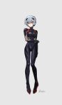  1girl arm_grab artist_name ayanami_rei bangs black_bodysuit blue_hair bodysuit breasts commentary_request evangelion:_3.0_you_can_(not)_redo eyebrows_visible_through_hair grey_background hair_between_eyes hair_ornament highres interface_headset looking_at_viewer medium_breasts neon_genesis_evangelion niniko plugsuit rebuild_of_evangelion red_eyes short_hair signature solo standing 
