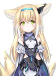  1girl animal_ear_fluff animal_ears arknights bangs bare_shoulders black_gloves blonde_hair blue_hairband blush breasts cloak closed_mouth commentary_request covered_collarbone eyebrows_visible_through_hair fox_ears fox_girl fox_tail gloves green_eyes hair_between_eyes hairband highres kitsune langley1000 long_hair looking_at_viewer purple_shirt purple_skirt shirt simple_background skirt sleeveless sleeveless_shirt small_breasts smile solo suzuran_(arknights) tail very_long_hair white_background white_cloak white_shirt 