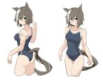  1girl animal_ears breasts cheval_grand_(umamusume) collarbone competition_school_swimsuit covered_navel cropped_legs grey_hair grey_one-piece_swimsuit highres horse_ears horse_girl horse_tail medium_breasts multicolored_hair multiple_views one-piece_swimsuit school_swimsuit short_hair simple_background standing streaked_hair swimsuit tail tami2004 thigh_gap two-tone_hair umamusume white_background white_hair 