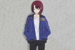  1girl asymmetrical_hair brown_eyes brown_hair closed_mouth commentary denim eitetsu hair_ornament hairclip hands_in_pockets highres iwakura_lain jacket jeans pants serial_experiments_lain short_hair solo standing x_hair_ornament 