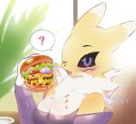 anthro bandai_namco bittersyrup black_sclera breasts burger clothed clothing digimon digimon_(species) eating female food fur looking_at_viewer open_mouth purple_eyes question_mark renamon solo speech_bubble teeth tongue white_body white_fur yellow_body yellow_fur