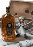  1girl alcohol blonde_hair blue_hat blue_jacket bottle brown_footwear closed_mouth dress english_text full_body green_eyes grey_dress hair_tubes highres holding holding_palette jacket long_sleeves looking_at_viewer mini_person minigirl paintbrush palette_(object) pixiv pixiv-tan short_hair smile solo soutasan standing suntory translation_request whiskey 