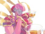  1other armor cup digimon digimon_(creature) helmet holding holding_cup jewelry kira_(kira_dra) knight lordknightmon no_humans out_of_frame pink_armor pink_helmet ring shoulder_armor simple_background tea twitter_username upper_body white_background winged_helmet 