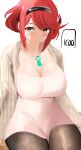  1girl alternate_costume bangs breasts chest_jewel cleavage highres icoo large_breasts pantyhose pyra_(xenoblade) red_eyes red_hair short_hair solo sweater swept_bangs xenoblade_chronicles_(series) xenoblade_chronicles_2 
