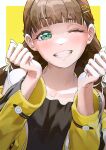  1girl absurdres birthday blunt_bangs blush brown_hair collarbone commentary green_eyes grin highres long_hair looking_at_viewer love_live! love_live!_superstar!! low_twintails notinversion sakurakoji_kinako signature smile solo twintails twitter_username upper_body 