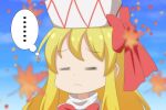  ... 1girl =_= autumn_leaves blonde_hair blue_sky blurry blurry_background bow cato_(monocatienus) commentary_request day eyebrows_visible_through_hair face frown hair_bow hat lily_white long_hair outdoors portrait red_bow sky solo spoken_ellipsis thought_bubble touhou 