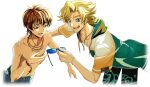  2boys artist_request black_male_swimwear blonde_hair blue-framed_eyewear blue-tinted_eyewear blue_eyes blue_male_swimwear bracelet brown_hair code_geass code_geass:_lost_stories collarbone cropped_torso drawstring game_cg gino_weinberg green_eyes green_shirt half-closed_eyes hand_on_another&#039;s_shoulder hand_up happy highres holding holding_removed_eyewear hood hood_down hooded_shirt jewelry kururugi_suzaku male_focus male_swimwear multiple_boys multiple_necklaces navel necklace non-web_source official_art open_clothes open_mouth open_shirt quad_braids raised_eyebrows ring ring_necklace shirt short_hair short_sleeves sidelocks simple_background smile star_(symbol) sunglasses swim_trunks teeth tinted_eyewear topless_male transparent_background two-tone_shirt unworn_eyewear wet 