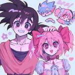  1boy 1girl black_eyes black_hair blue_eyes blue_hair chibi chibi_inset choker collarbone commentary crossover dougi dragon_ball dragon_ball_super gloves grin hand_on_another&#039;s_head heart heart-shaped_pupils highres kaname_madoka mahou_shoujo_madoka_magica meteorstaar one_eye_closed open_mouth own_hands_clasped own_hands_together pink_choker pink_eyes pink_hair puffy_short_sleeves puffy_sleeves rainbow short_sleeves smile son_goku soul_gem super_saiyan super_saiyan_blue symbol-shaped_pupils twintails white_gloves 