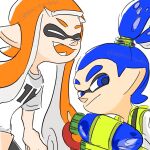 1boy 1girl :d blue_eyes blue_hair closed_eyes closed_mouth fangs flat_color inkling inkling_boy inkling_girl inkling_player_character long_hair oekacucumber official_style open_mouth orange_hair pointy_ears ponytail shirt short_hair short_sleeves simple_background smile splatoon_(series) splatoon_1 splattershot_(splatoon) suction_cups super_soaker t-shirt tentacle_hair twitter_username very_long_hair white_background white_shirt 