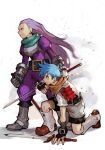  2boys armor blue_eyes blue_hair bodysuit boots breath_of_fire breath_of_fire_iii clenched_teeth hungry_clicker long_hair looking_to_the_side multiple_boys one_knee purple_bodysuit purple_hair red_eyes ryuu_(breath_of_fire_iii) serious short_hair simple_background sweatdrop sword teepo teeth weapon white_background 