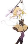  beret corset drill_hair gun hat magical_girl magical_musket mahou_shoujo_madoka_magica striped_clothes striped_thighhighs thighhighs tomoe_mami twin_drills vertical-striped_clothes vertical-striped_thighhighs weapon 