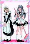  2girls alternate_costume apron back_bow bang_dream! bang_dream!_it&#039;s_mygo!!!!! black_bow black_bowtie black_dress black_footwear blue_hair bow bowtie broom closed_mouth commentary dress enmaided frilled_apron frills full_body grey_hair hair_ornament hair_ribbon hairclip hashtag-only_commentary highres holding holding_broom holding_tray juliet_sleeves kneehighs long_hair long_sleeves love8evill maid maid_headdress multiple_girls open_mouth puffy_short_sleeves puffy_sleeves ribbon short_sleeves sidelocks socks standing togawa_sakiko tray wakaba_mutsumi white_apron white_bow white_socks white_wrist_cuffs wrist_cuffs yellow_eyes 