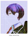  1boy argyle_clothes argyle_necktie azuma_kurumi black_jacket blazer blue_background border character_name closed_mouth collared_shirt dotted_line expressionless from_side geometry golden_spiral green_eyes highres invisible jacket kenmochi_touya kenmochi_touya_(1st_costume) looking_at_viewer looking_to_the_side male_focus measurements necktie nijisanji open_clothes open_jacket portrait profile purple_hair red_necktie shirt short_hair solo white_border white_shirt 