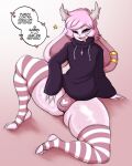 2024 anthro antlers bulge clothed clothing fur fzst girly hair heart_symbol hi_res horn jackalope lagomorph legwear leporid looking_at_viewer male mammal one_eye_closed open_mouth pink_body pink_eyes pink_fur pink_hair rabbit saltyxodium solo spanish_text talking_to_viewer text tongue tongue_out underwear