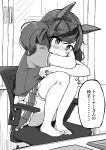  1girl absurdres animal_ears bangs blush chain commentary_request desk feet_on_chair frilled_skirt frills full_body greyscale hair_ribbon highres horse_ears kanikanitengoku knees_to_chest monochrome nice_nature_(umamusume) pleated_skirt puffy_short_sleeves puffy_sleeves ribbon short_sleeves short_twintails sitting skirt solo thighhighs thought_bubble translated twintails umamusume 