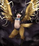  1girl ahoge bird_legs bird_tail black_hair blue_tube_top bob_cut breasts commentary commission electricity english_commentary feathered_wings feathers flying full_body galaxyspark harpy head_wings highres lightning looking_to_the_side looking_up midriff monster_girl navel neck_ruff open_mouth outstretched_arms personification pokemon short_hair small_breasts solo storm_cloud tail tail_feathers talons thunder underboob winged_arms wings yellow_eyes yellow_feathers yellow_wings zapdos 