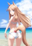  1girl animal_ears ass back beach bikini blue_eyes blue_sky breasts brown_hair cloud cowboy_shot day ear_ribbon from_behind grass_wonder_(umamusume) highres horse_ears horse_girl horse_tail long_hair looking_at_viewer looking_back ocean outdoors sky small_breasts smile solo standing swimsuit t2r tail umamusume white_bikini 