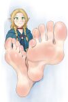 5_toes barefoot blonde_hair braided_hair clothing crossed_ankles delicious_in_dungeon elf feet female foot_focus green_eyes hair hi_res humanoid humanoid_feet humanoid_pointy_ears light_body light_skin long_hair marcille_donato not_furry plantigrade shirow sitting smile soles solo toes