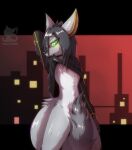 abstract_background anthro anubian_jackal biting_clothing black_hair bottomless canid canine canis clothed clothing covering covering_crotch fur green_eyes grey_body grey_fur hair hi_res jackal jacket jacket_only kemono leon_(leonjackyl) long_hair looking_at_viewer luxuria male mammal presenting_to_viewer raised_clothing raised_topwear simple_background solo teasing teasing_viewer teasing_with_tail topwear