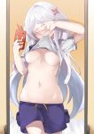 1girl areola_slip blue_shorts borrowed_character breasts cellphone clothes_lift commission covering_own_eyes hair_ornament holding holding_phone lifted_by_self long_hair medium_breasts mirror mouth_hold naik navel original phone pixiv_commission reflection selfie shirt shirt_lift short_sleeves shorts smartphone solo stomach very_long_hair white_hair white_shirt 