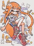  1girl bandaid bike_shorts black_shorts closed_mouth full_body game_console highres inkling inkling_girl inkling_player_character long_hair orange_eyes orange_hair pink_footwear pointy_ears shirt shoelaces shoes short_sleeves shorts single_vertical_stripe smile sneakers solo splatoon_(series) splatoon_1 star_(symbol) suku1do t-shirt tentacle_hair very_long_hair white_shirt wii_u wii_u_gamepad 