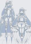  2girls absurdres armor bare_shoulders belt blue_theme bow claw_(weapon) closed_mouth clothing_cutout collarbone daydremec eyebrows_visible_through_hair fate/grand_order fate_(series) greaves grey_background hair_between_eyes hair_bow highres huge_weapon long_hair looking_at_viewer meltryllis_(fate) monochrome multiple_girls navel o-ring parted_lips passionlip_(fate) shoulder_cutout sitting sleeves_past_fingers sleeves_past_wrists smile standing tile_floor tiles weapon 