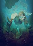  1girl air_bubble animal artist_name blonde_hair boots brown_footwear bubble closed_eyes commentary_request demizu_posuka full_body highres jellyfish long_hair nature original outdoors prehistoric_animal scenery seafloor shoes short_shorts shorts solo tank_top underwater 