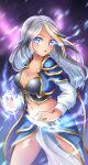  armor blonde_hair blue_eyes breasts bunsandbutter cleavage cloak crop_top hearthstone highres jaina_proudmoore long_sleeves magic multicolored_hair navel pelvic_curtain shoulder_armor streaked_hair two-tone_hair warcraft white_hair white_sleeves world_of_warcraft 