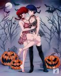  2girls bat_(animal) blue_hair boots breasts commission couple halloween legs moon multiple_girls night ranma-chan ranma_1/2 red_hair saotome_nanda short_hair tendou_akane tree yuri 