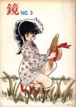  1girl artist_name azuma_hideo black_hair braid brown_dress brown_eyes copyright_request dress flats floral_dress full_body grass hat outdoors painting_(medium) single_braid smile solo squatting sun_hat traditional_media watercolor_(medium) 