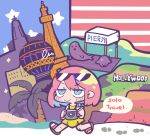  1girl american_flag bare_arms bare_legs bare_shoulders blue_eyes blue_hair blush_stickers brown_footwear camera camera_around_neck check_copyright city closed_mouth colored_inner_hair commentary_request copyright_request cup deformed disposable_cup dress drink drinking_straw eiffel_tower english_text eyewear_on_head footprints full_body holding holding_camera holding_drink hollywood_sign looking_ahead multicolored_hair original palm_tree pink_hair pleated_skirt sandals seal_(animal) short_dress short_hair skirt sleeveless sleeveless_dress smile solo speech_bubble sunglasses terada_tera toes tree triangular_eyewear v-shaped_eyebrows walking yellow_dress 