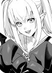  1girl betti_(maron) demon_wings greyscale highres looking_at_viewer makaino_ririmu monochrome nijisanji open_mouth pointy_ears sidelocks sleeves_past_fingers sleeves_past_wrists smile solo sweater teeth twintails wings 
