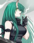  1girl arknights bangs bare_shoulders black_gloves character_name cigarette gloves green_eyes green_hair highres horns hoshiguma_(arknights) long_hair oni single_horn smoking solo upper_body very_long_hair vhdtyzusixc7fai 