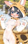  animal_ears black_hair blue_eyes bodysuit breasts commentary cosplay covered_navel detached_sleeves highres kaban_(kemono_friends) kemono_friends open_mouth outdoors paw_pose ransusan savannah serval_(kemono_friends) serval_(kemono_friends)_(cosplay) serval_print short_hair small_breasts translated wavy_hair white_bodysuit 