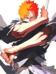  1boy black_kimono bleach bleach:_sennen_kessen-hen covered_mouth dual_wielding fighting_stance floating_clothes holding holding_sword holding_weapon japanese_clothes kimono kurosaki_ichigo long_sleeves looking_at_viewer orange_eyes orange_hair panyasan_777 serious short_hair simple_background solo spiked_hair straight-on sword upper_body v-shaped_eyebrows weapon white_background wide_sleeves 