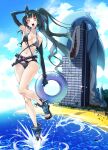  1girl absurdres animal_costume architect_(girls&#039;_frontline) architect_(type_nvw)_(girls&#039;_frontline) beach black_footwear black_hair black_swimsuit blue_sky breasts cloud collarbone commission day eudetenis giant giantess girls&#039;_frontline highres innertube long_hair looking_at_viewer medium_breasts navel ocean open_mouth outdoors palm_tree purple_eyes sand sangvis_ferri shark_costume shoes side_ponytail sky smile solo swimsuit tree 