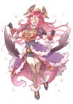  1girl black_gloves blush breasts cleavage closed_eyes covered_navel dragalia_lost dragon_girl dragon_horns dragon_tail ekra facing_viewer fang full_body gloves hair_between_eyes highres horns large_breasts long_bangs long_hair mym_(dragalia_lost) open_mouth puffy_short_sleeves puffy_sleeves red_hair short_sleeves skin_fang solo tail thighhighs very_long_hair white_background 