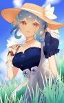  absurdres bao_(vtuber) blue_dress blue_hair closed_mouth dffy411 dress flower hair_ornament hat hat_ribbon highres indie_virtual_youtuber looking_at_viewer neckerchief red_eyes ribbon sun_hat sundress virtual_youtuber 