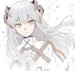  1girl arknights bangs commentary_request dragon_girl dragon_horns grey_hair highres horns long_hair orange_eyes parted_lips saria_(arknights) solo upper_body vhdtyzusixc7fai white_background 