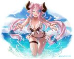  1girl :d aloneinthedork bikini braid braided_bun breasts cleavage closed_eyes cloud cloudy_sky double_bun draph earrings frilled_bikini frills granblue_fantasy groin hair_ornament hair_over_one_eye hairclip highres horns jewelry large_breasts long_hair low-tied_long_hair narmaya_(granblue_fantasy) navel ocean official_alternate_costume open_mouth pink_hair pointy_ears single_earring sky smile solo splashing swimsuit thigh_strap very_long_hair wading water white_bikini 