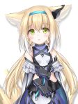  1girl :o animal_ear_fluff animal_ears arknights bangs bare_shoulders black_gloves blonde_hair blue_hairband blush breasts cloak commentary_request covered_collarbone eyebrows_visible_through_hair fox_ears fox_girl fox_tail gloves green_eyes hair_between_eyes hairband highres kitsune langley1000 long_hair looking_at_viewer low_twintails parted_lips purple_shirt purple_skirt shirt simple_background skirt sleeveless sleeveless_shirt small_breasts solo suzuran_(arknights) tail twintails very_long_hair white_background white_cloak white_shirt 